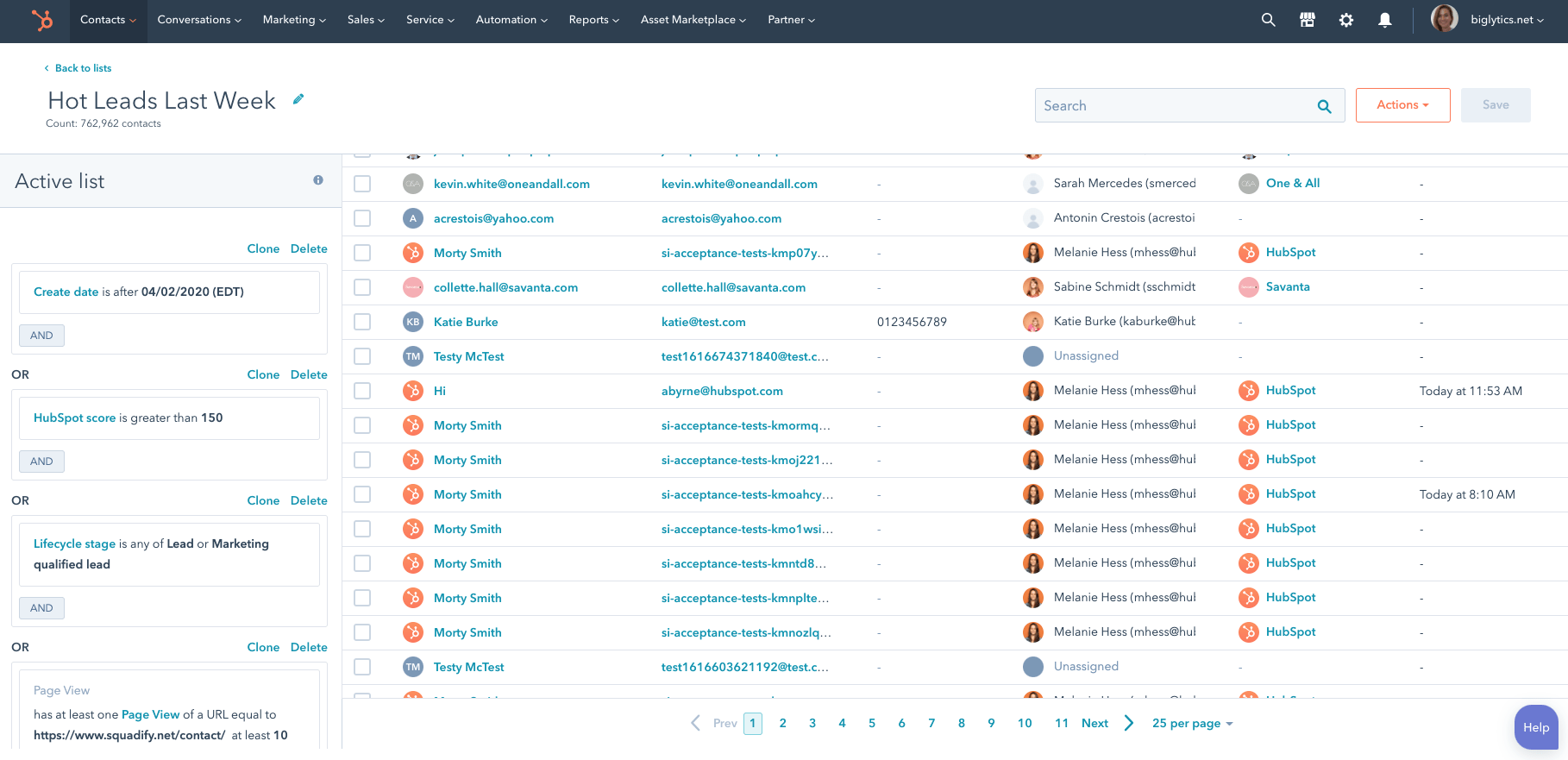 CRM dashboard screenshot titled "Hot Leads Last Week" lists contacts with details. Includes sorting and action buttons.