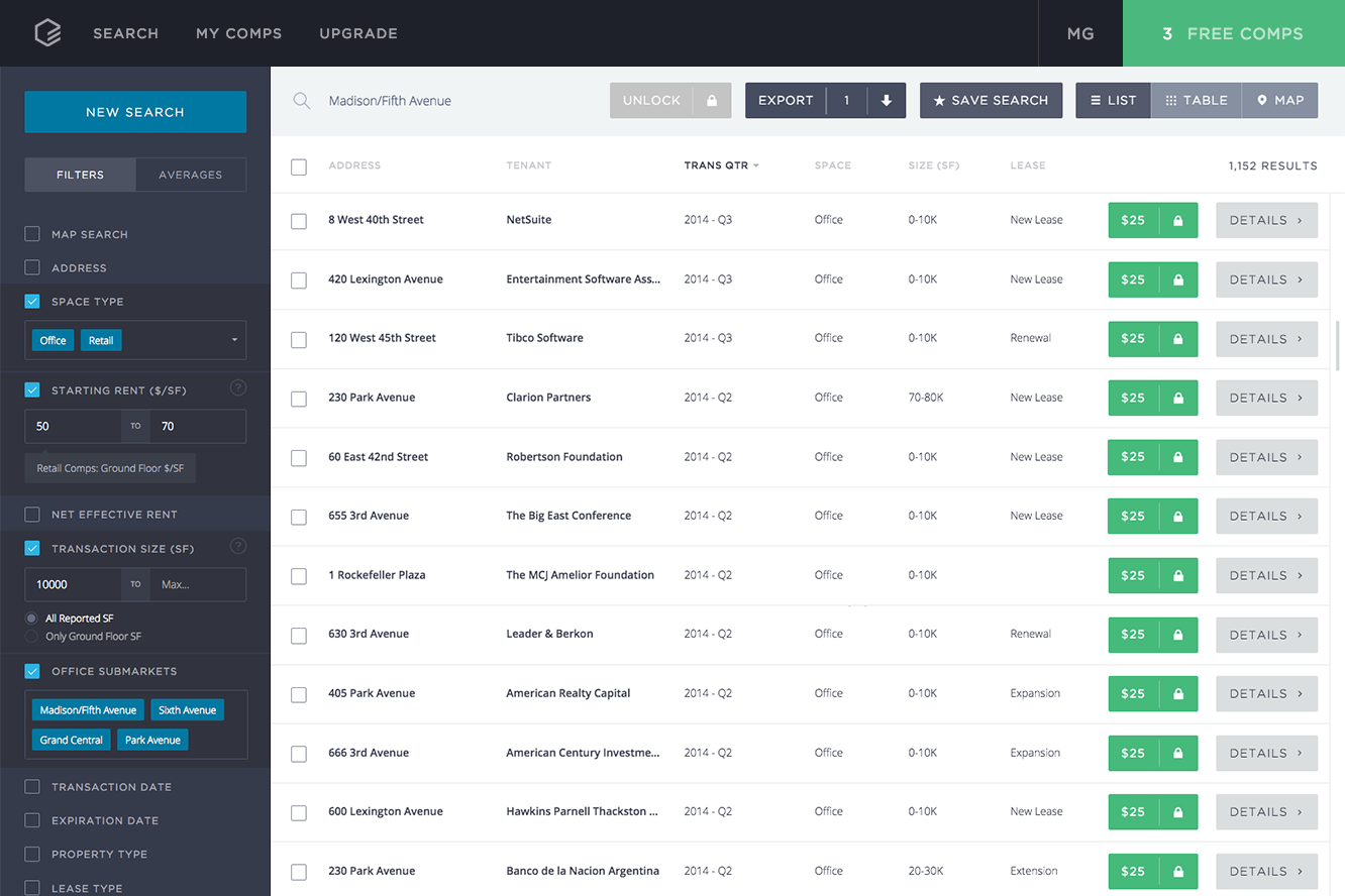 A real estate search interface shows property details (type, size, price) with filters for space type, lease type, and size range.