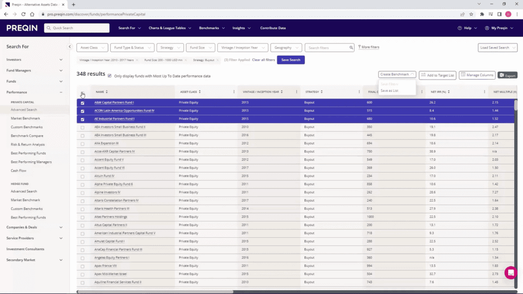 A computer screen shows a search results page with a table of financial funds, including details like name, type, year, and size.