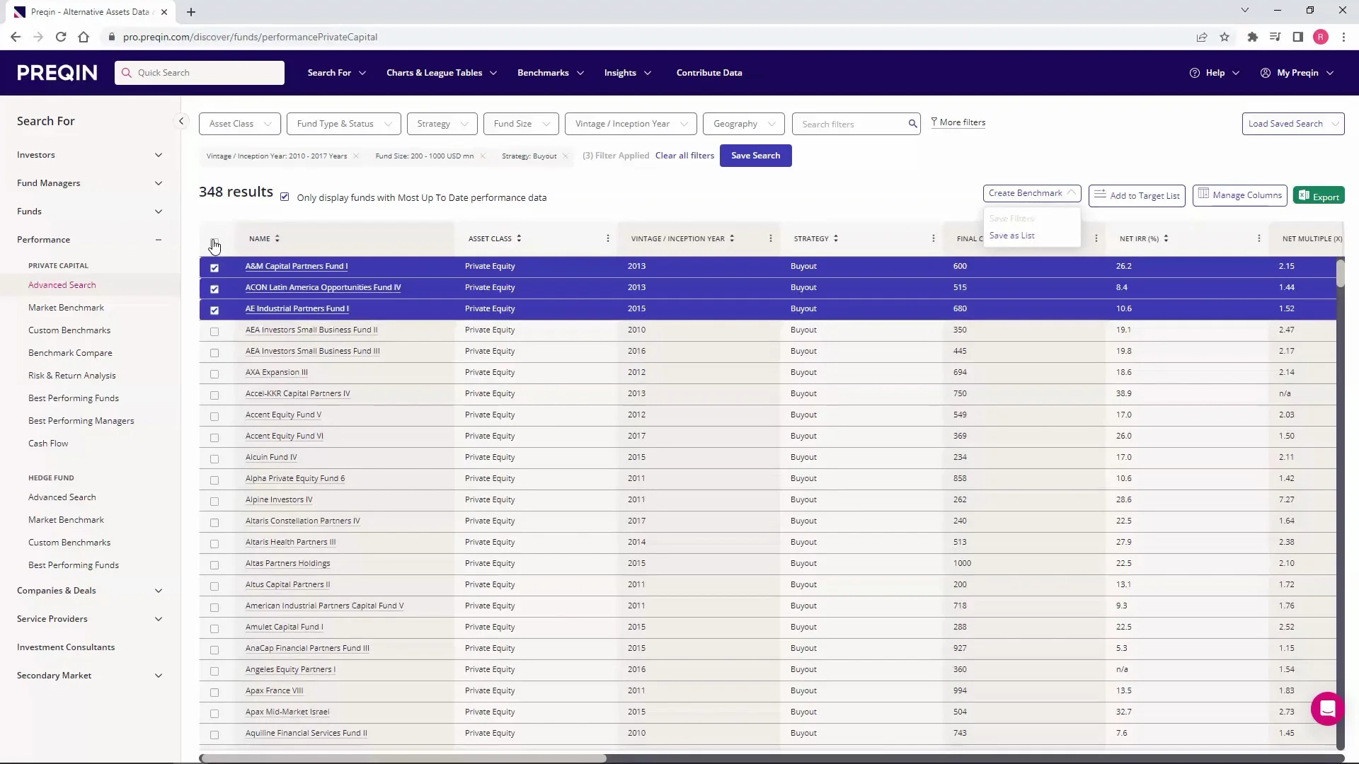 A computer screen shows a search results page with a table of financial funds, including details like name, type, year, and size.