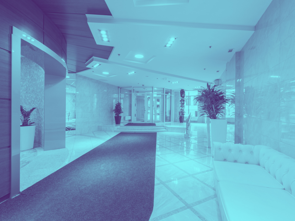 Modern lobby with marble floors, carpet runner, plants, and contemporary furniture. Glass doors lead outside. Blue-tinted image.