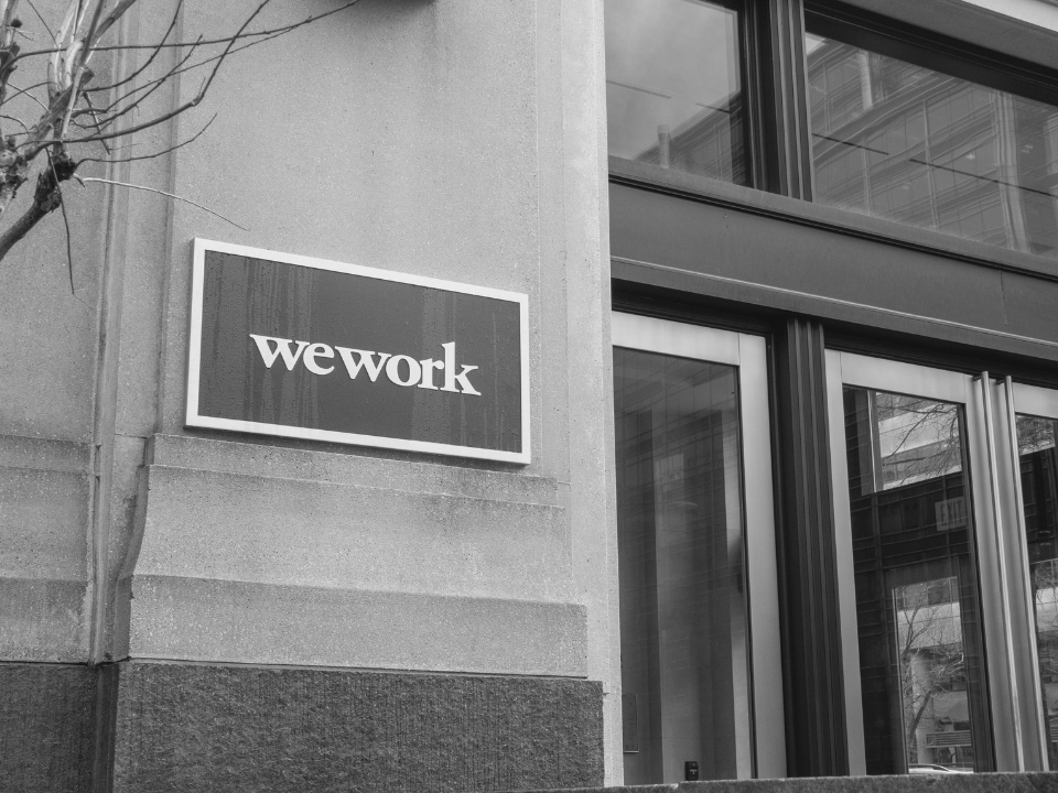 Black and white image of WeWork building entrance with glass doors, windows, and a bare tree branch on the left.