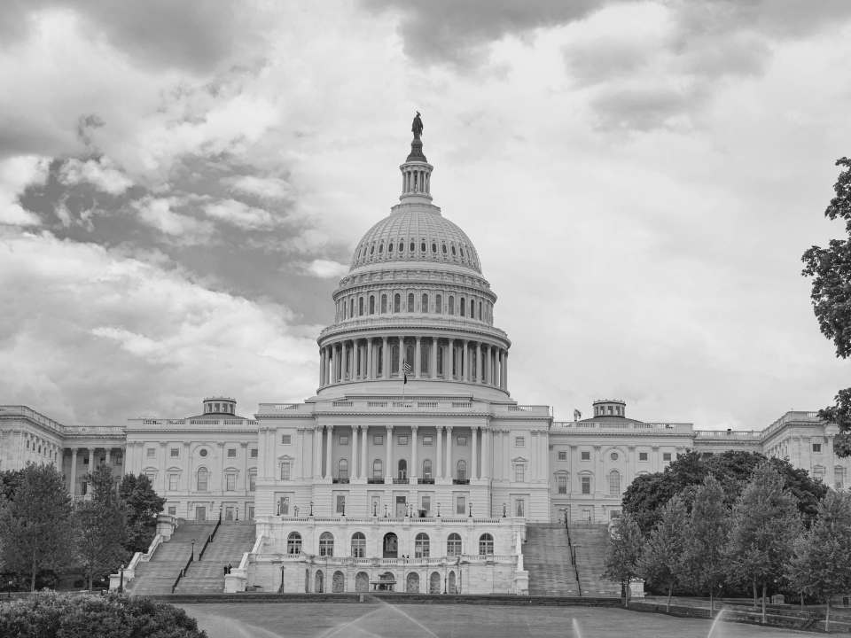 B&W photo of the U.S. Capitol dome centered with steps, surrounded by trees and a cloudy sky. For real estate article on D.C. office market decline.