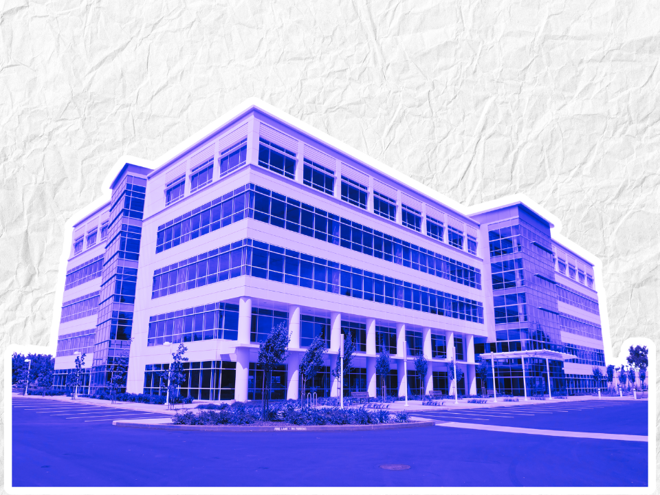 Stylized blue office building with many windows, geometric design, and trees, on a crumpled paper background for real estate article.