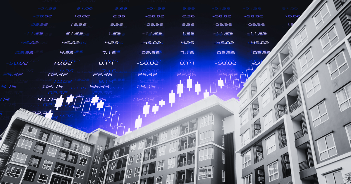 Grayscale modern apartment with stock chart overlay, showcasing financial trends. For article on mixed Q2 apartment market conditions.