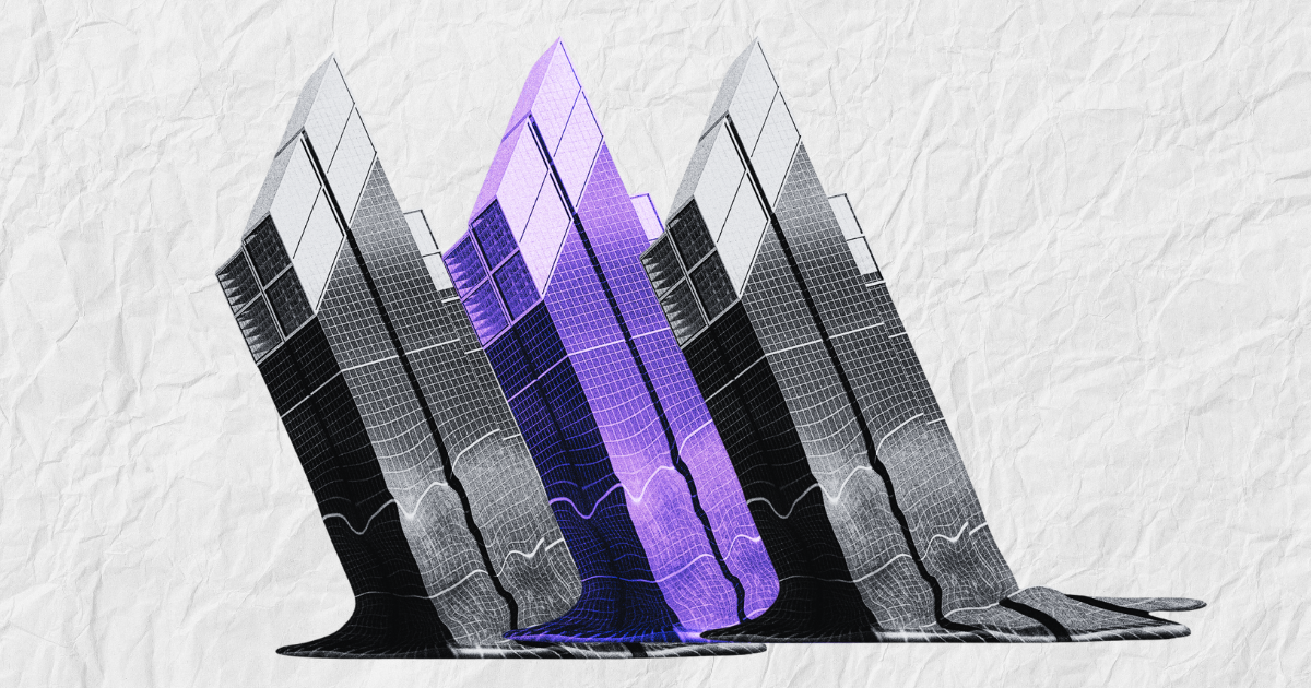 Pixelated skyscrapers with angular designs, middle one in purple, on a textured white background for real estate website article.