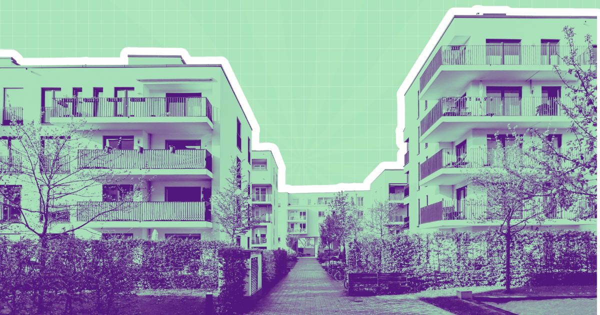 Modern apartment buildings with balconies, surrounded by trees and shrubs, along a paved pathway. Green and purple hues.