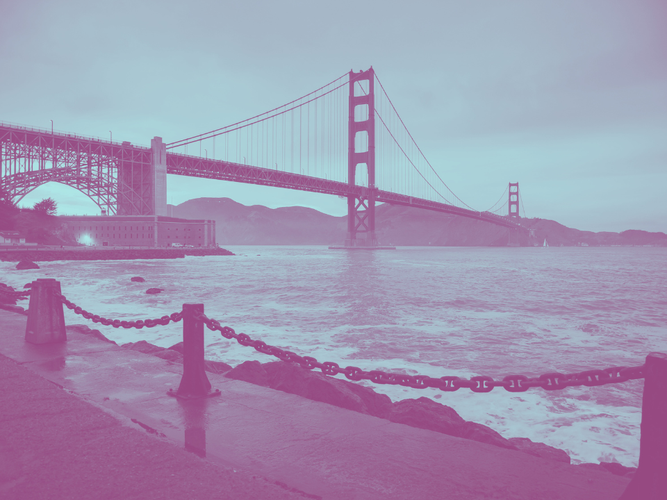 Pink monochrome image of Golden Gate Bridge over water, with a chain-lined path, waves, and hills under a cloudy sky.