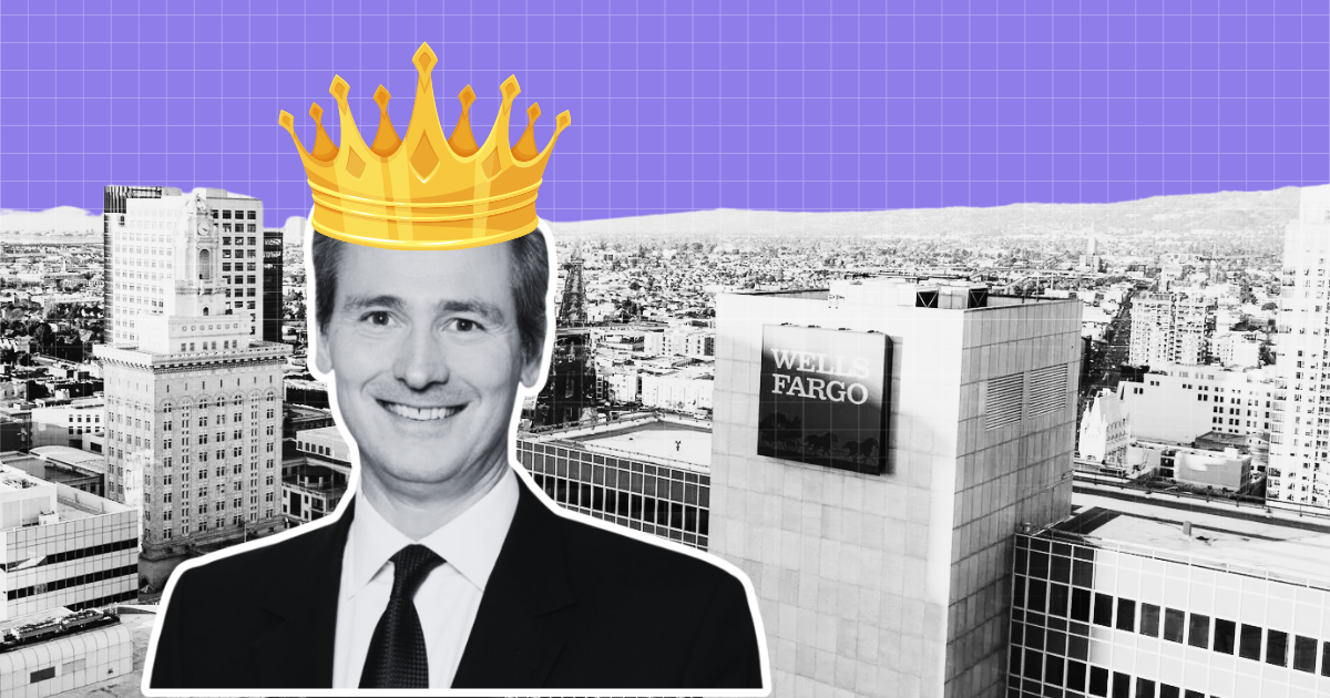 Grayscale photo of a man in a suit with a crown over a cityscape and purple grid, for article on Trimont buying CRE loans.