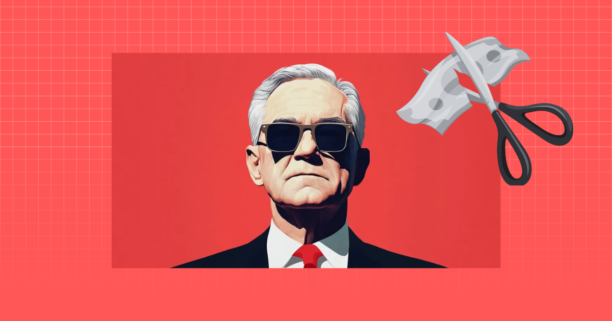 Serious person in suit with sunglasses on red background; scissors cut a dollar bill. For real estate site article "Powell Teases Strategy.