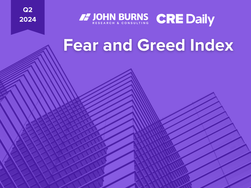 Purple graphic with "Fear and Greed Index", John Burns Research & Consulting and CRE Daily logos, Q2 2024, abstract building shapes.