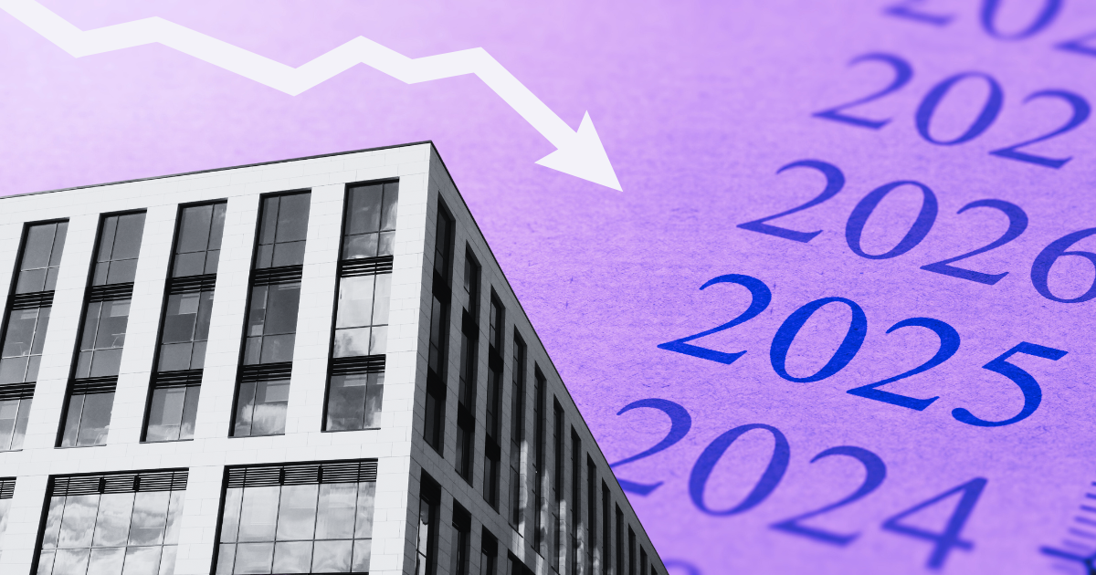 Modern office with white downward arrow symbolizes decline. Years 2023-2025 on right, 2025 bold. MBA article on lending forecasts.