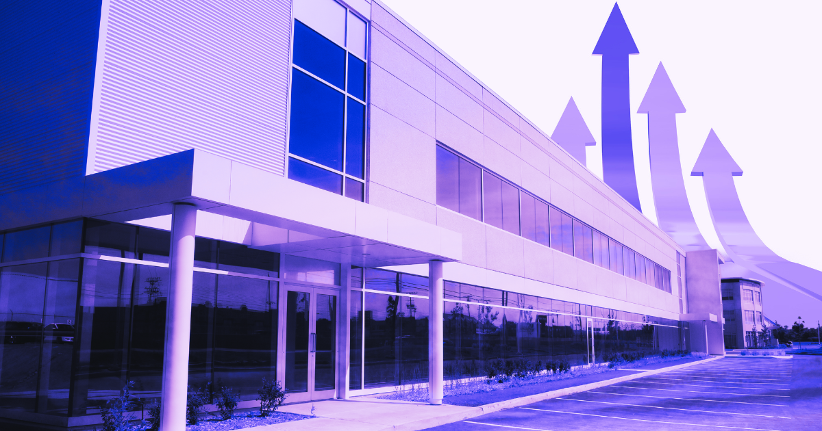 Modern office building with glass windows, three upward arrows, purple-blue tint, futuristic look. For real estate article.