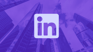 LinkedIn logo over a purple-tinted skyline; image for a real estate article: "Building a CRE Brand on LinkedIn.