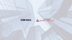 Skyscrapers against a light sky with logos: CRE MBA (blue) and APARTMENT INVESTORS CLUB (red/black). Real estate website image.