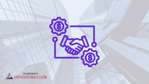 Illustration of gears with dollar signs and handshake on skyscrapers. "Apartment Investors Club" text and logo in the lower left.