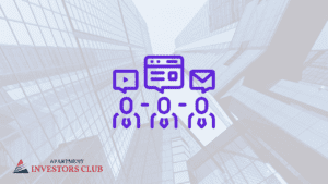 Abstract figures with communication icons overlay skyscrapers; text "Apartment Investors Club" in the lower left.