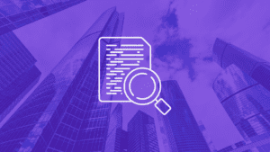 Purple cityscape with skyscrapers; white document and magnifying glass icon symbolizes analysis. Image for real estate article on underwriting.