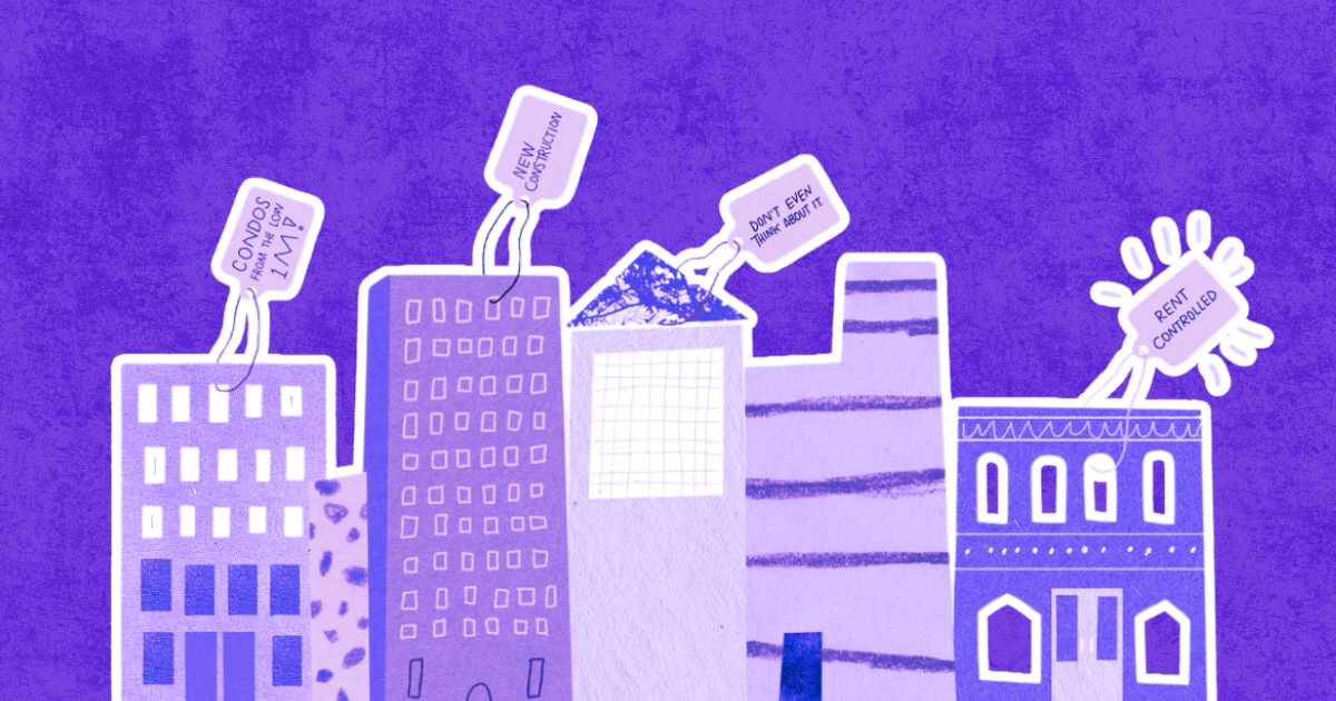 Purple illustration of buildings with signs like Condo La Vida, Pet Convo. Sun holds a sign. For an article on Prop 33 rent control.