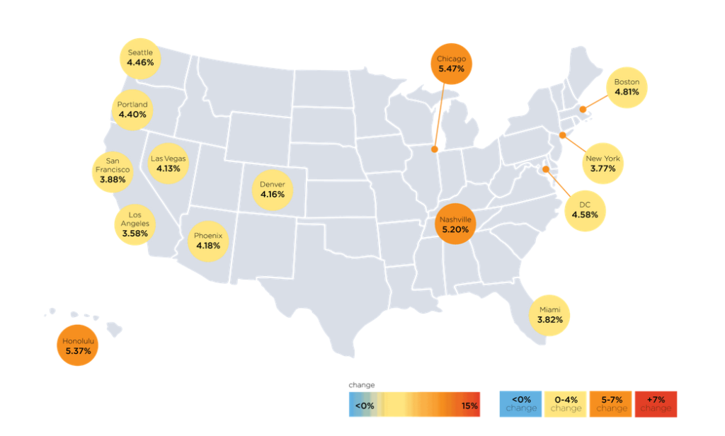 Comparative map of the annual percentage change in construction costs for the US Map courtesy of Rider Levett Bucknall.