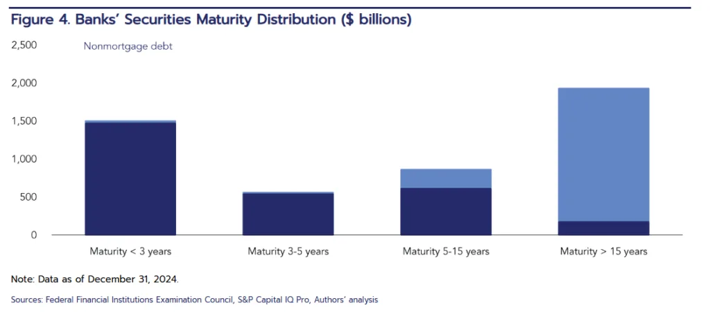 Bar chart displaying banks’ securities maturity distribution as of December 2024. Long-term maturities over 15 years dominate, primarily driven by RMBS.