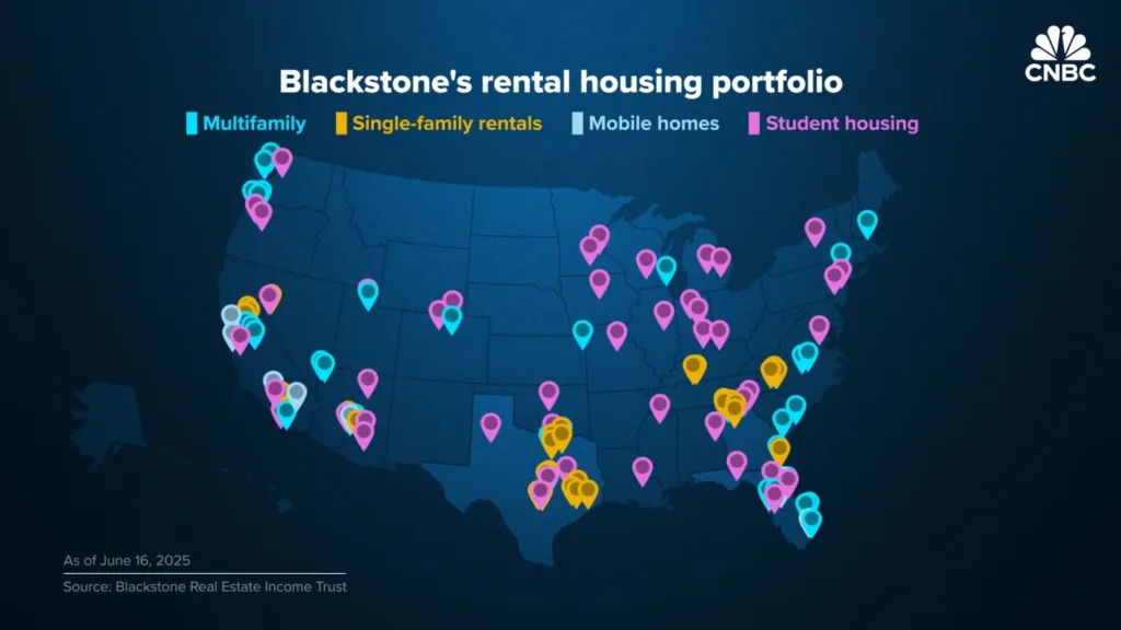 A map displays approximate locations of Blackstone Real Estate Income Trust rental housing assets in the US as of June 16, 2025.
