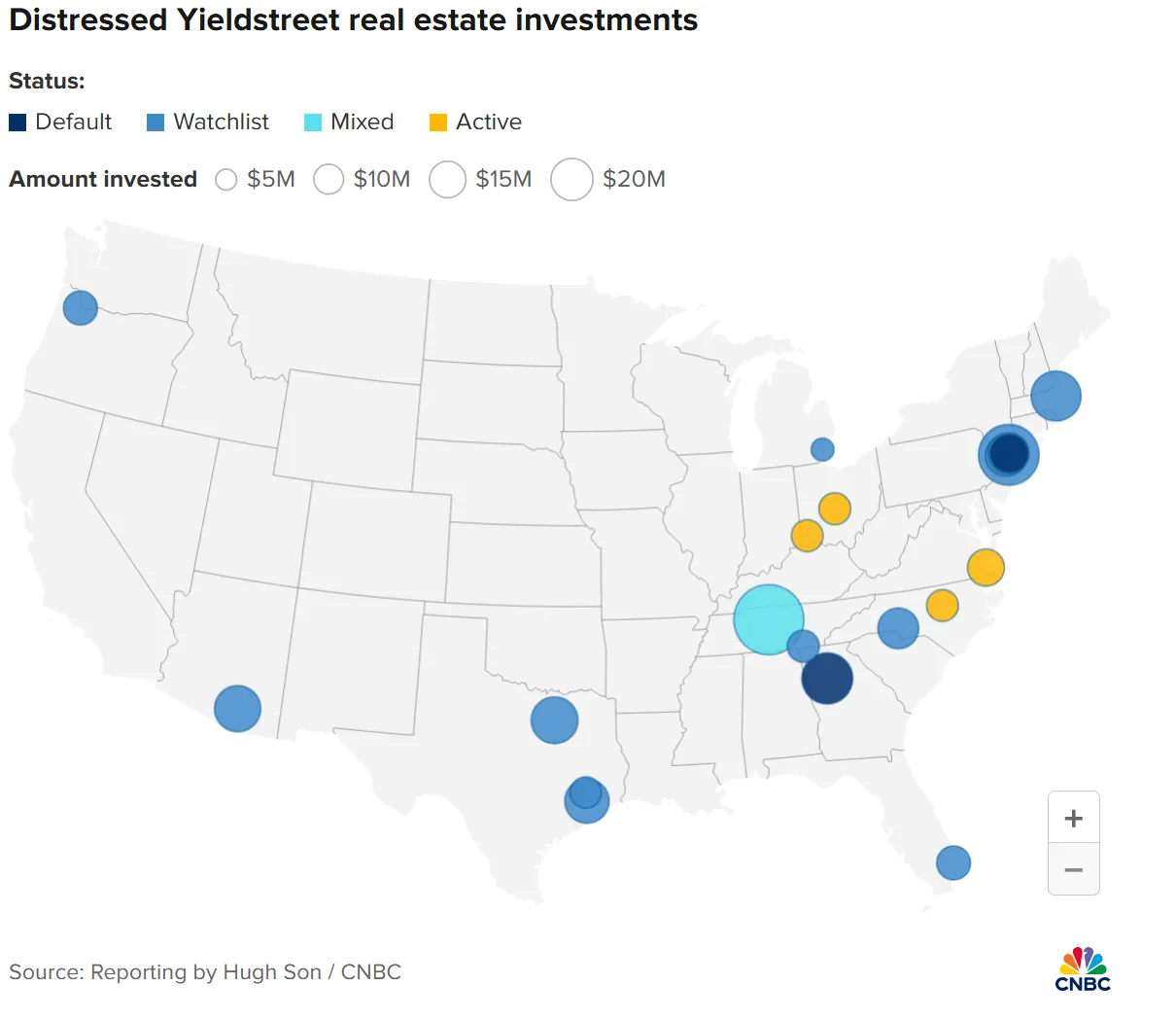 Map: Locations of Yieldstreet’s distressed real estate investments by status and capital at risk