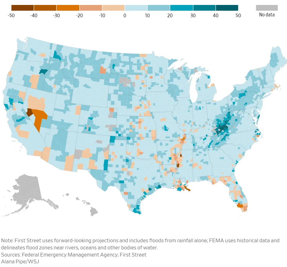 Share of properties flagged as flood zones by First Street vs. by FEMA, percentage-point difference
