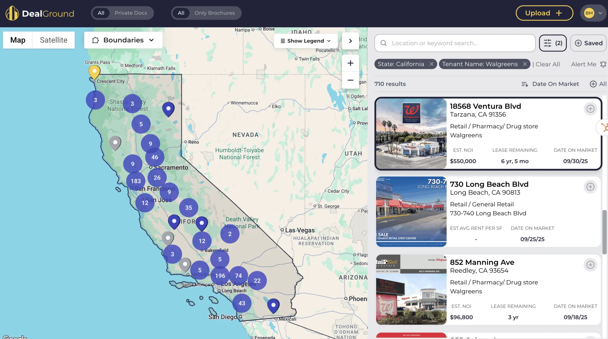 Search and filter on tenants, transaction history, comps, and ownership. Set customizable alerts for new on-market deals, lease term remaining, recent sales, and more. This is an image of all the Walgreens in California.