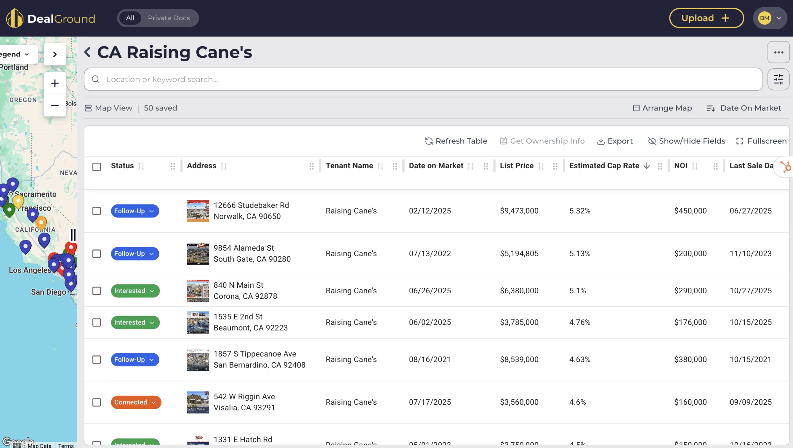 Create curated prospecting lists. Share them with your team and clients and export them at any time. This is an image of a list of Raising Cane's in California. CRE professionals can customize the data field, sort by greatest or lowest, compare properties, and export into an Excel or CSV file.