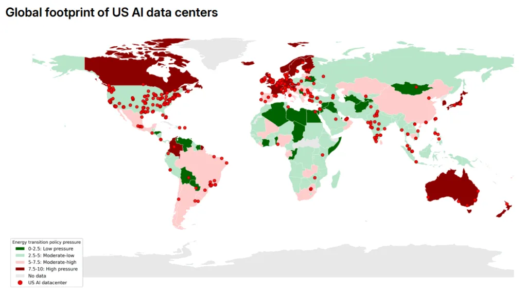 Map: Global distribution of US AI data centers vs. energy policy pressure