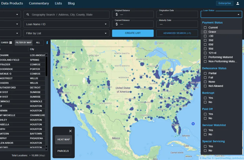 Screenshot of CRED iQ platform showing a US heat map of multifamily loan concentrations with filters for loan status, payment status, and servicing metrics as of Q3 2025.