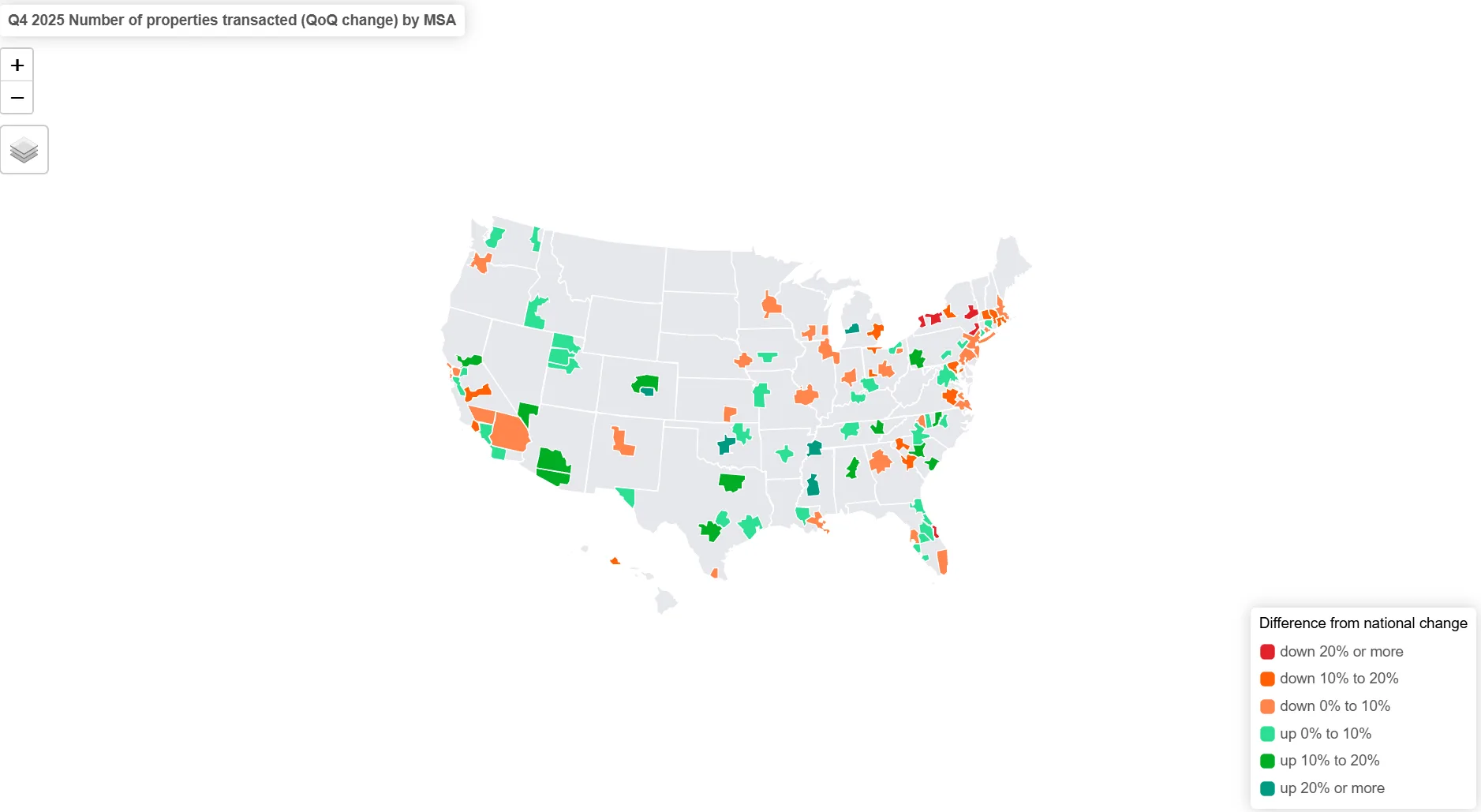 US map showing quarter-over-quarter change in CRE transactions by metro area in Q4 2025, with gains in green and declines in red.