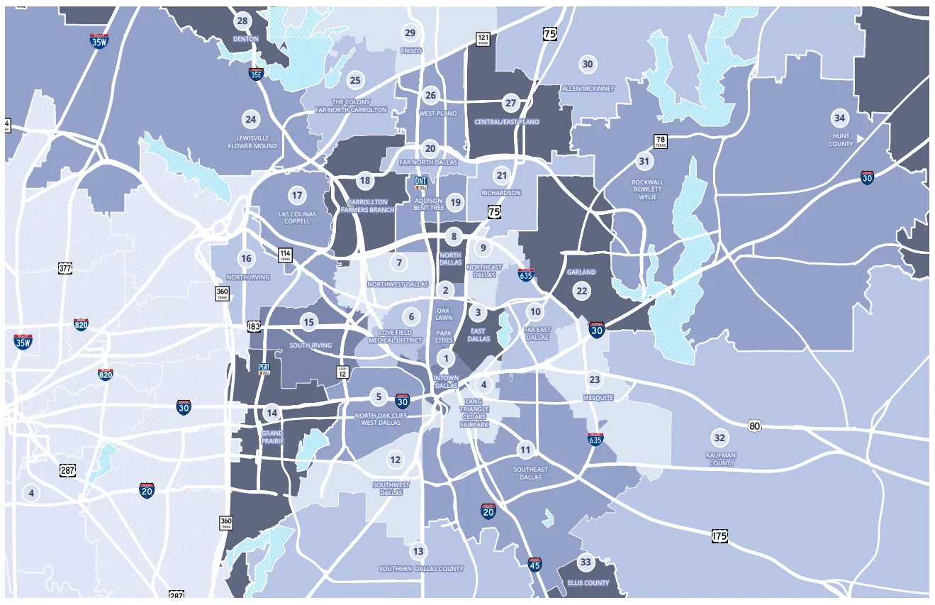 Dallas-Fort Worth Multifamily Submarkets: A regional view of submarket boundaries, highlighting areas like Intown Dallas and Oak Lawn/Park Cities that saw notable Q4 2025 declines. (Source: Colliers Q4 2025 Multifamily Report)