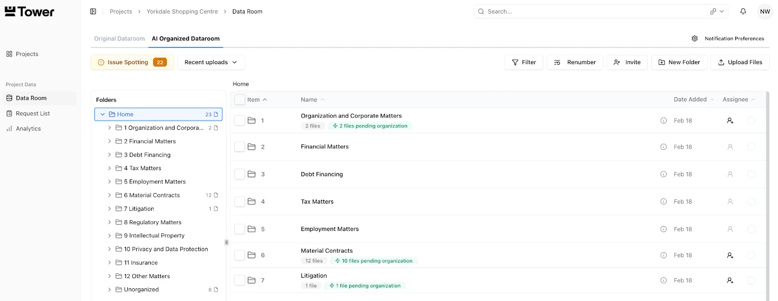 Tower automatically organizes messy document uploads into structured, clearly labeled folder systems.