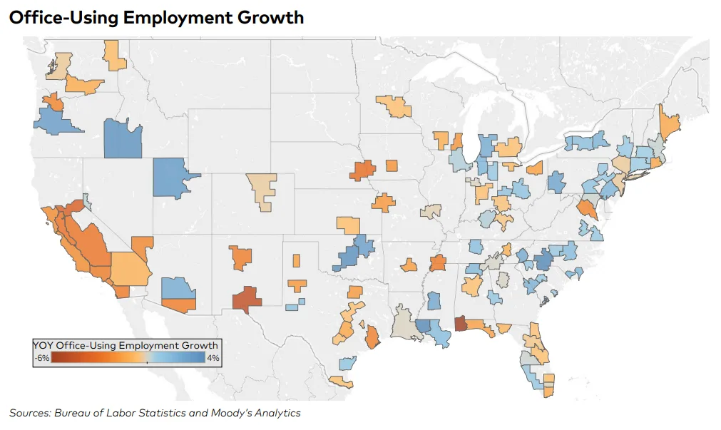 Map of the US showing year-over-year office-using employment growth by metro. Growth ranges from about -6% to +4%, with mixed performance across regions. Some Southeast and Midwest metros show gains, while parts of the West Coast and Southwest experience declines.
