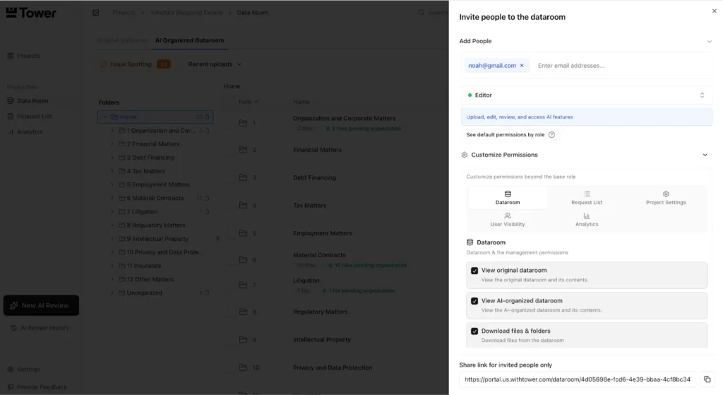 Users can invite internal team members, brokers, legal counsel, and third parties into a centralized workspace while maintaining granular control over permissions.