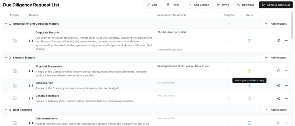 Tower converts traditional Word or Excel-based diligence checklists into live, collaborative workflows.