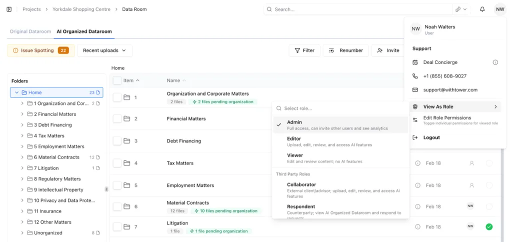Users can invite internal team members, brokers, legal counsel, and third parties into a centralized workspace while maintaining granular control over permissions.