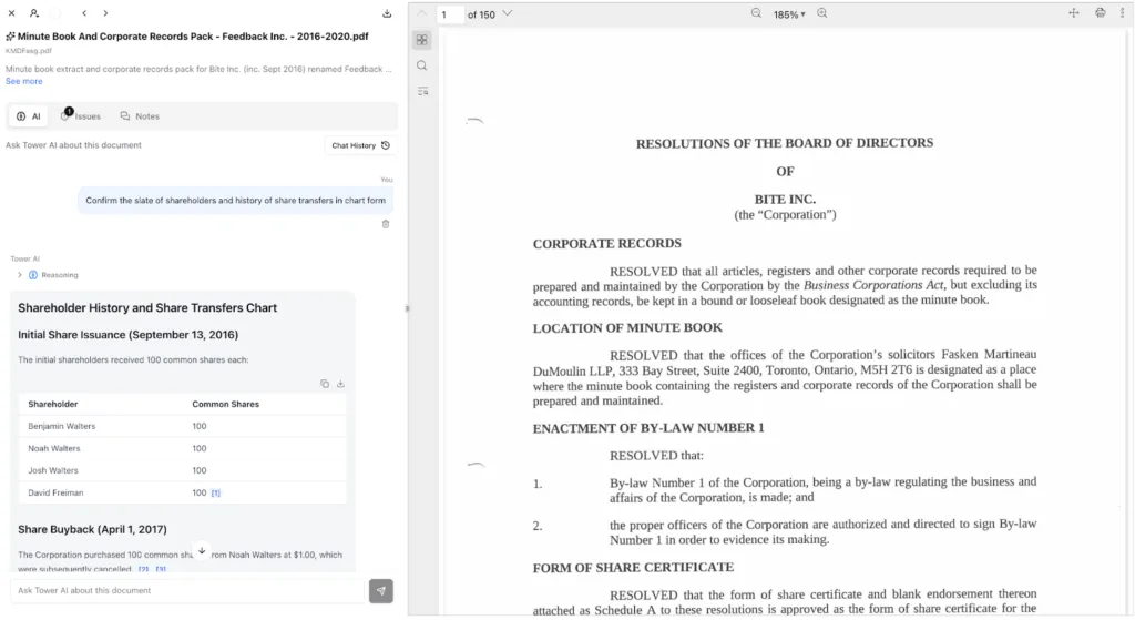 Each document inside Tower supports direct AI interaction. Users can ask targeted questions about leases, loan agreements, appraisals, or tax statements and receive answers cited to specific source language.