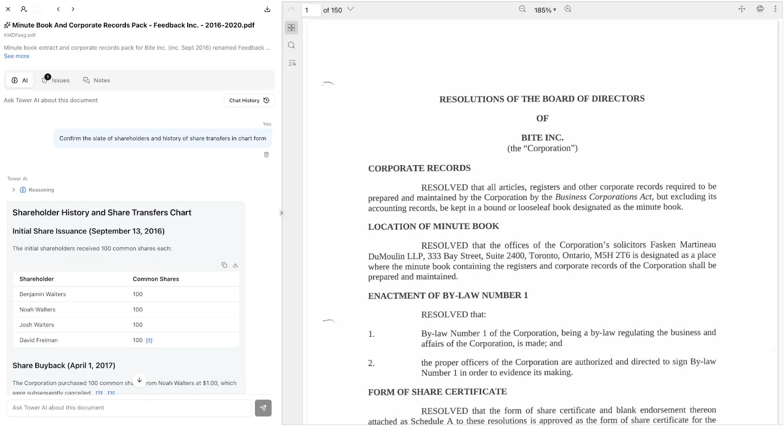 Each document inside Tower supports direct AI interaction. Users can ask targeted questions about leases, loan agreements, appraisals, or tax statements and receive answers cited to specific source language.