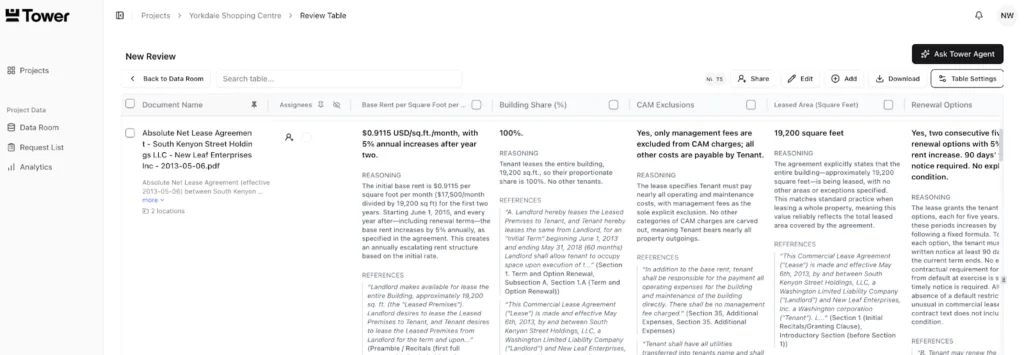 Tower’s AI review functionality allows users to extract defined lease terms across multiple documents simultaneously.