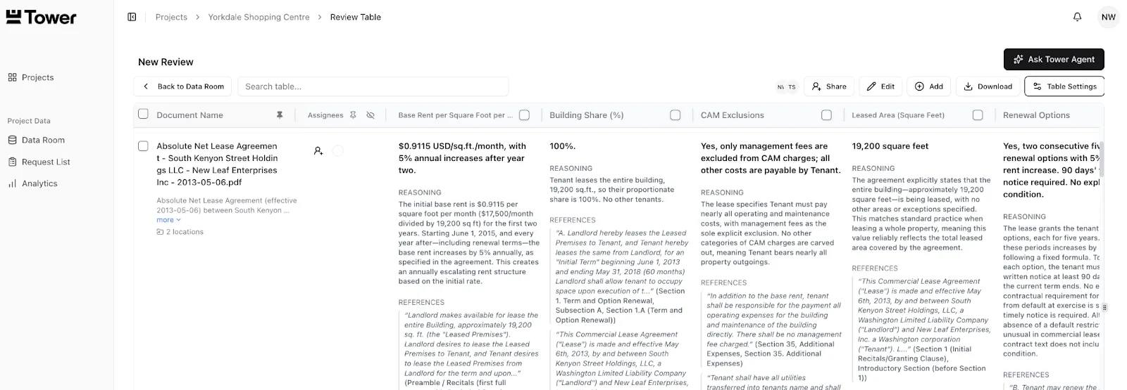 Tower’s AI review functionality allows users to extract defined lease terms across multiple documents simultaneously.