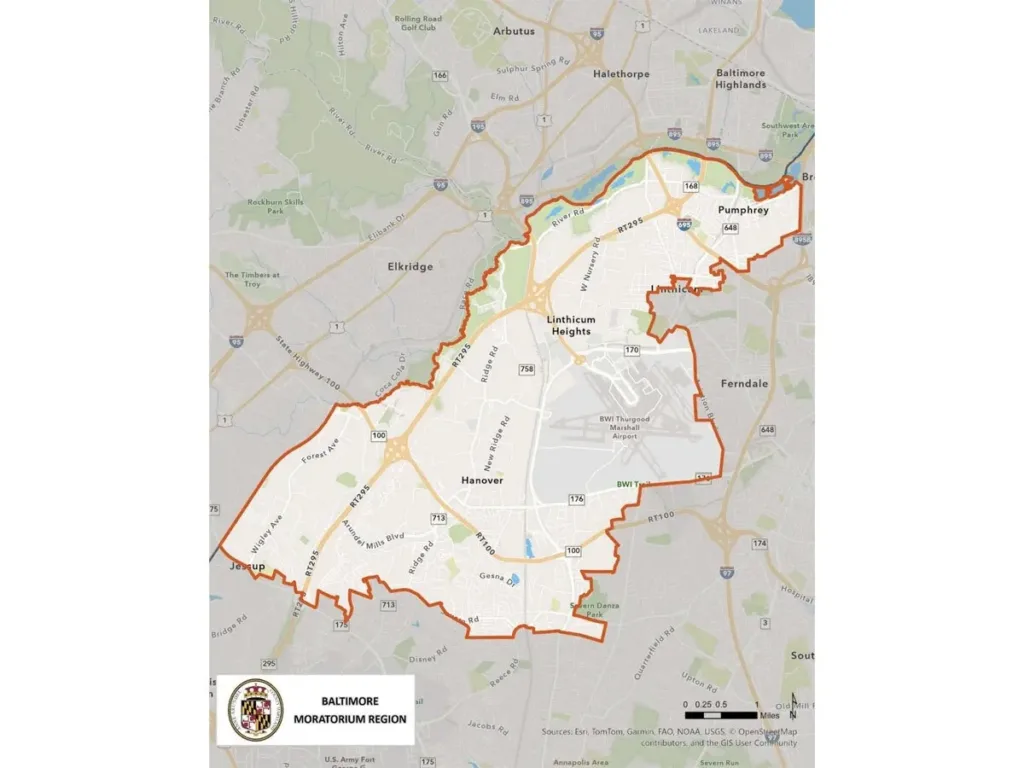 Map outlining Anne Arundel County’s development moratorium zone, including Hanover, Linthicum Heights, Pumphrey, and the BWI Airport area.