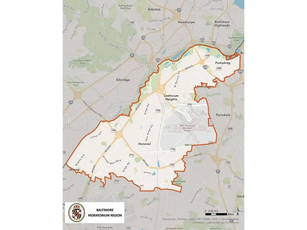Map outlining Anne Arundel County’s development moratorium zone, including Hanover, Linthicum Heights, Pumphrey, and the BWI Airport area.
