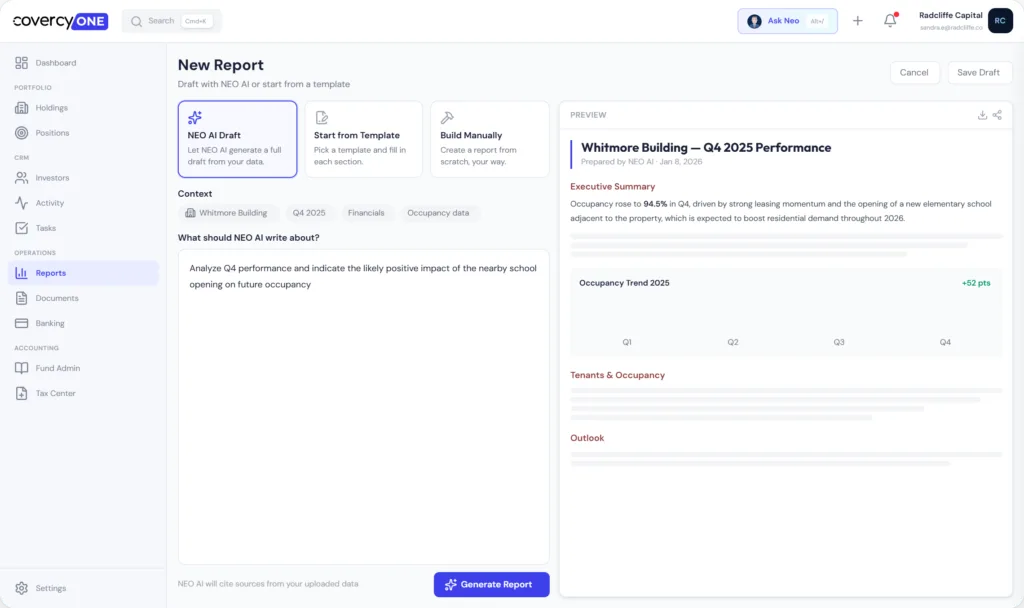 covercy one reporting and ai generated documents