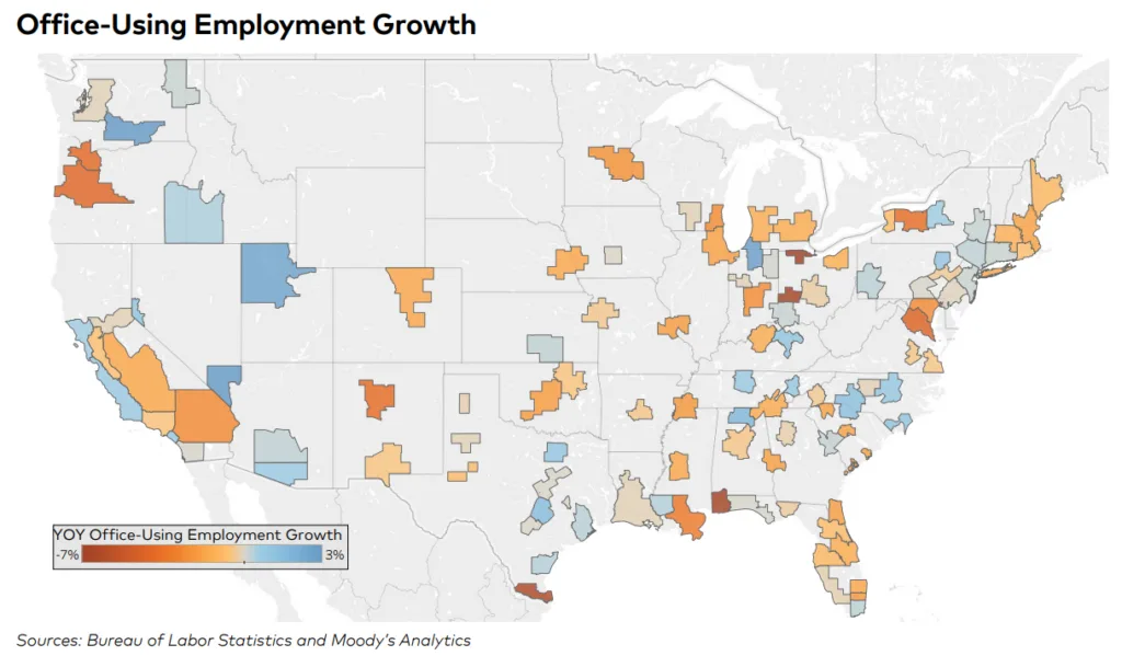 US map showing year-over-year office-using employment growth by metro area, with Austin leading major markets in job growth while several coastal office markets show declines, according to Bureau of Labor Statistics and Moody’s Analytics data.