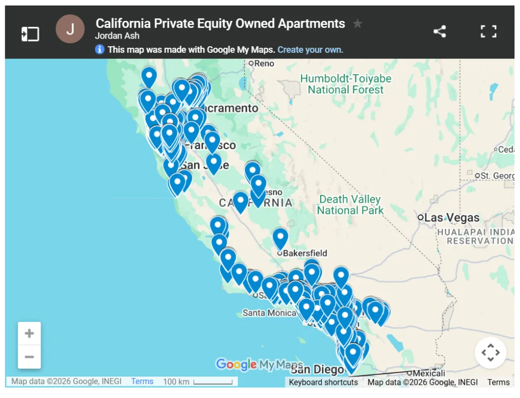 Map showing the concentration of private equity-owned apartment properties across California, with clusters in Los Angeles, San Diego, the Bay Area, Sacramento, and other major metro regions.