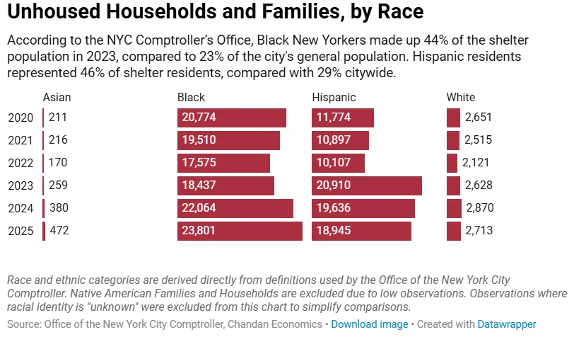 Horizontal bar chart showing unhoused households and families in New York City by race from 2020 to 2025. Black and Hispanic households consistently represent the largest share of shelter residents, with Black households reaching 23,801 and Hispanic households reaching 18,945 in 2025, far exceeding White and Asian households.