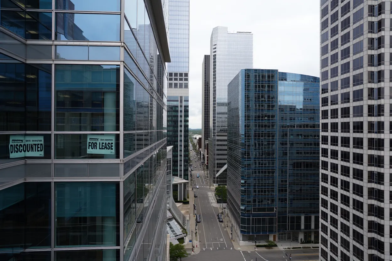 US office distress rises despite improving vacancy rates. CBD towers trade at steep discounts as hybrid work reshapes demand.